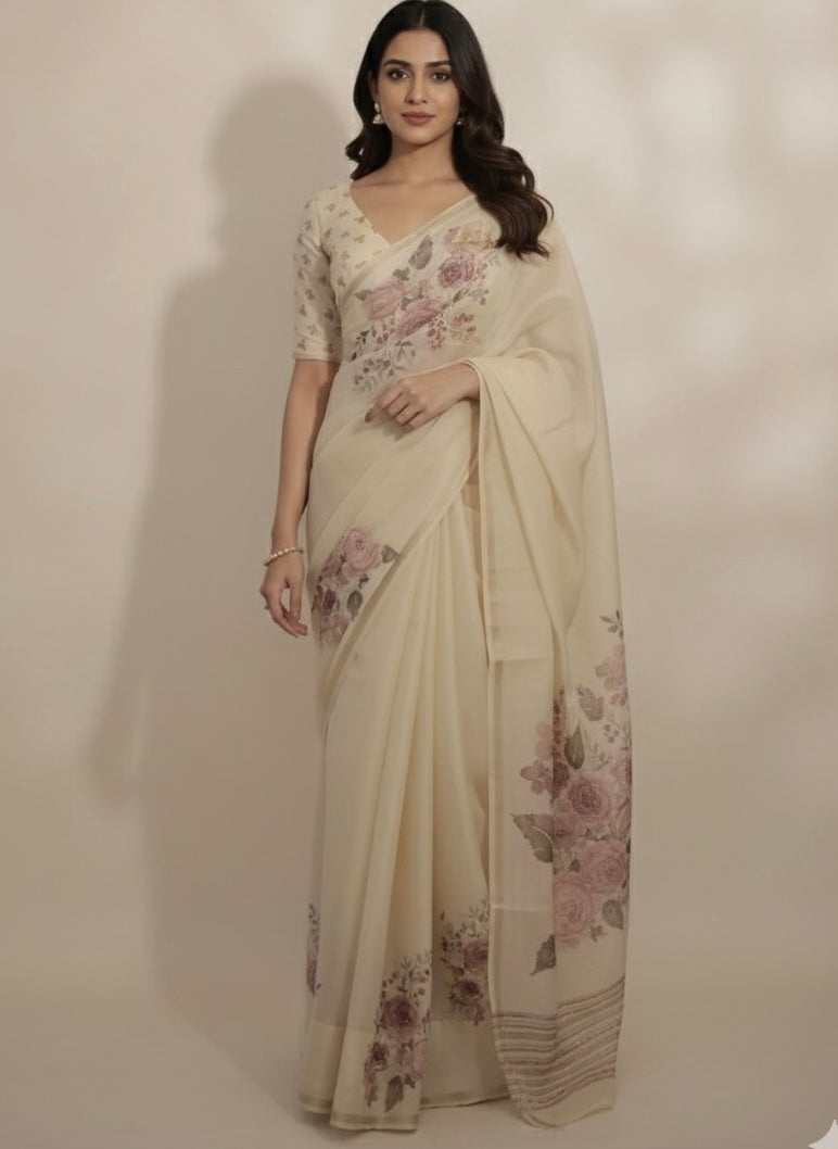 Linen- chanderi saree with french knots, sequence and bead work - MS19965