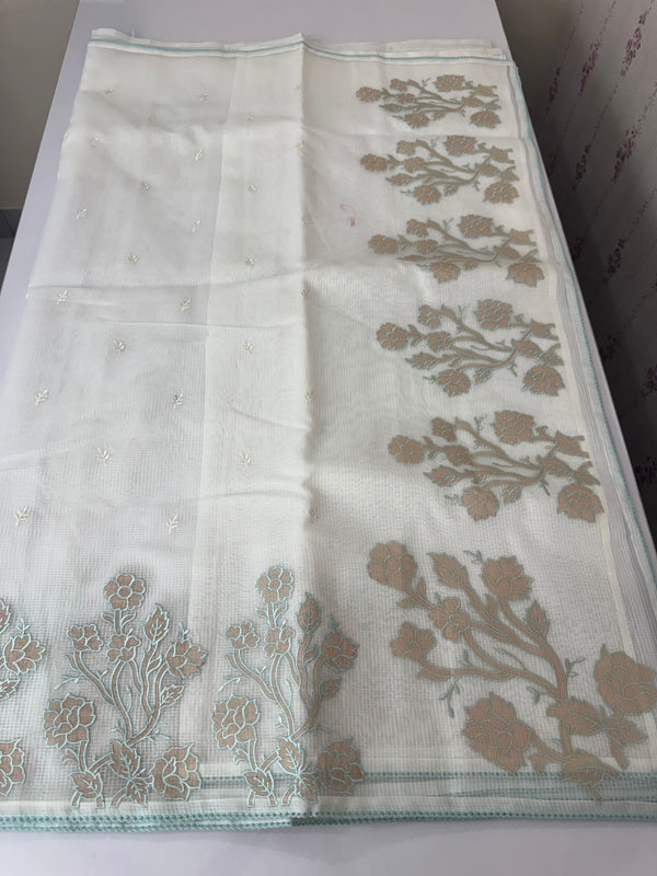 NetKota Applique work saree  MSH123- White & AquaBlue