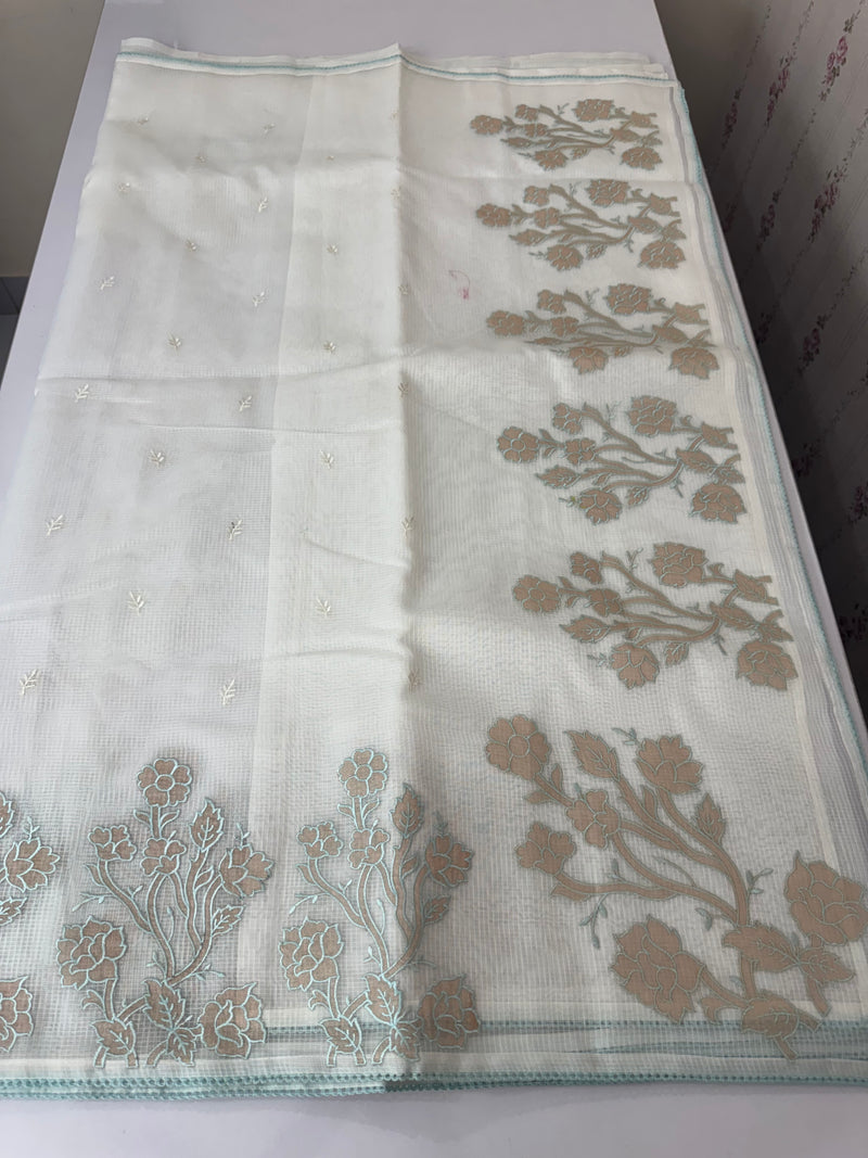 NetKota Applique work saree  MSH123- White & AquaBlue