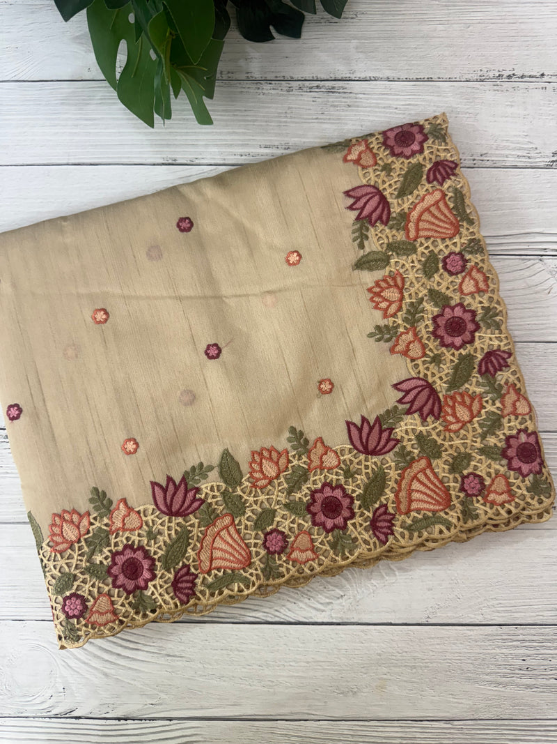 Cutwork Blended tussar saree MTS609 - Beige