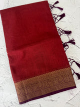 Jute silk sarees with contrast pallu & blouse MJL396 Rust to Wine