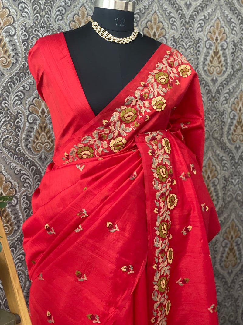 Blended tussar silk saree with embroidery - MS78911 Red