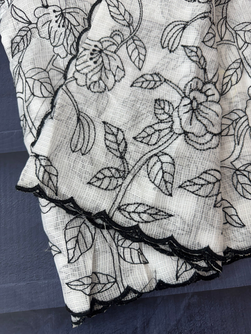 Soft kota checks saree with embroidery - SVWISS white & black