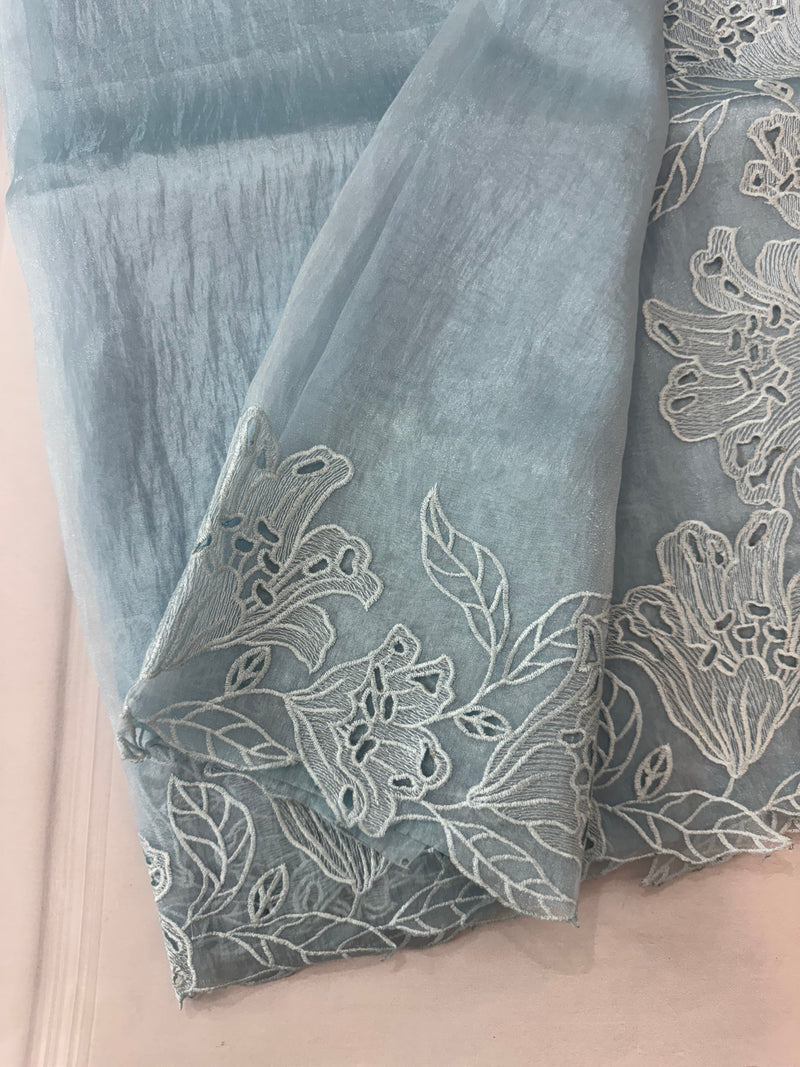 Tissue Organza cutwork sarees FBLK154 PastelBlue