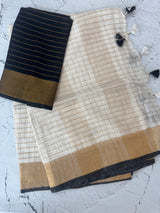 Linen cotton saree with antique zari checks MLS9766- Offwhite and Black