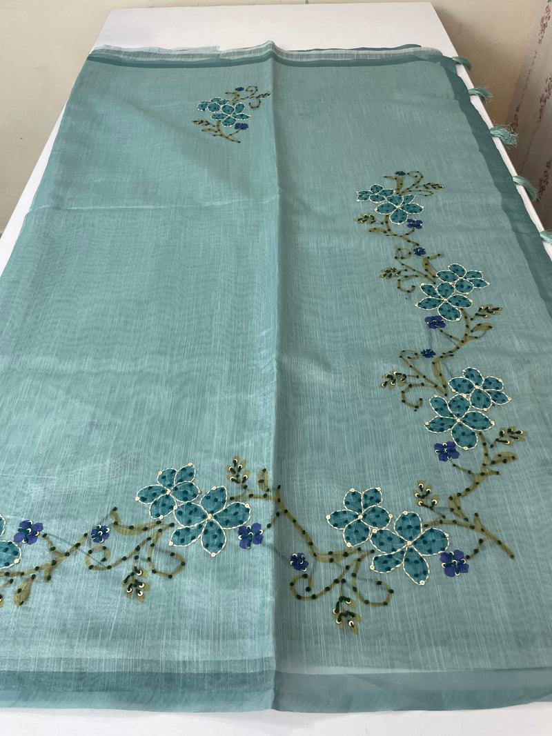 Soft Tissue linen saree with kanta embriodery saree FBLK72 -DuskyBlue