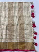 Linen checks saree with zari border MLS9766- Cream & Pink