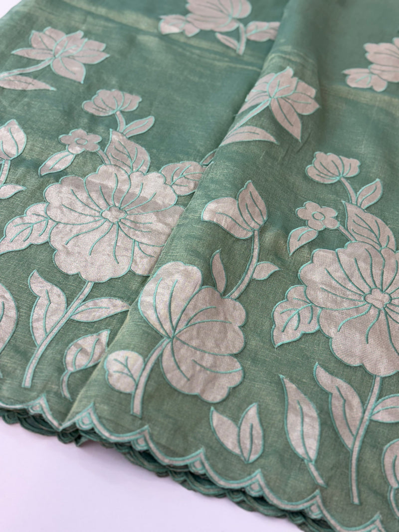 Dual tone Crush silk Organza Applique work saree MS14567- JadeGreen