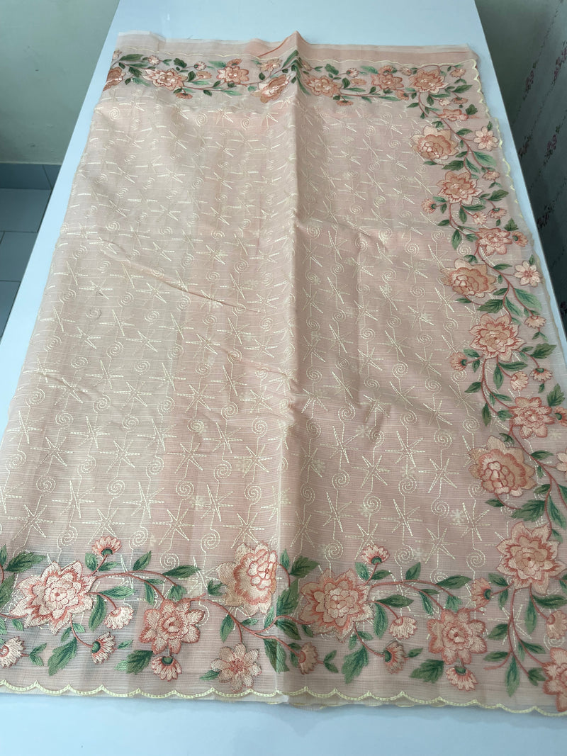 Phulkari NetKota embroidery saree - MSH126 Pastel Peach