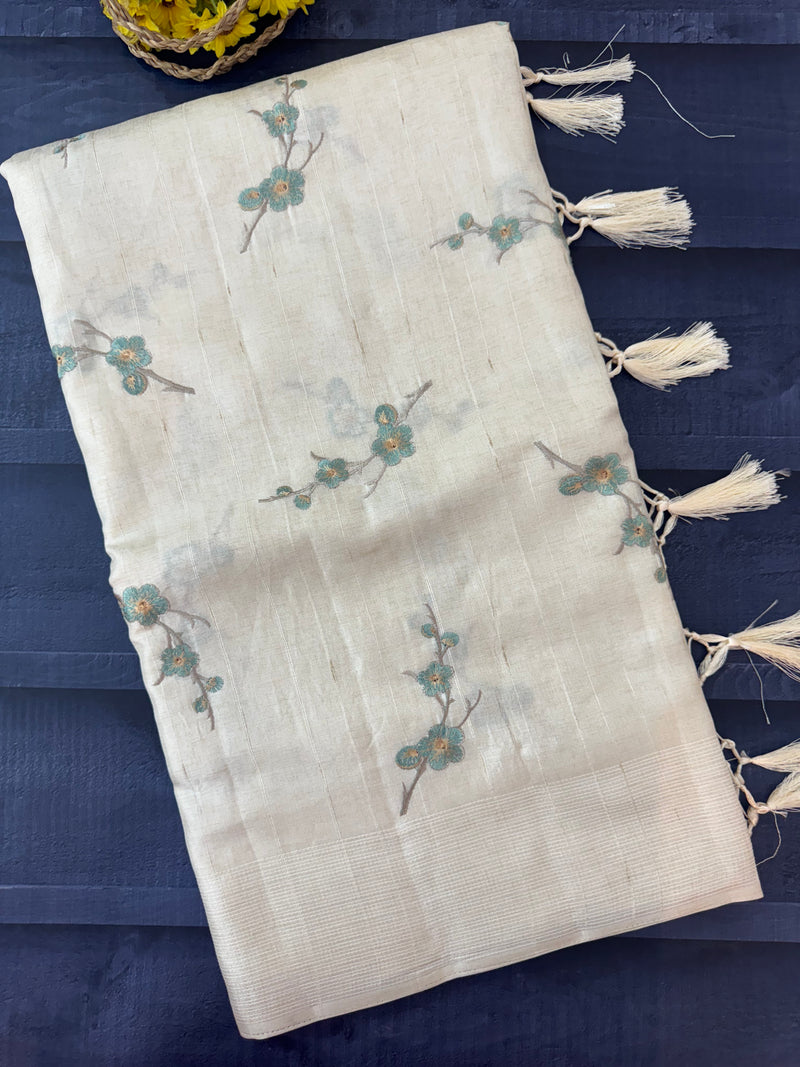 Blended tussar saree with embriodery - MS8665 Cream
