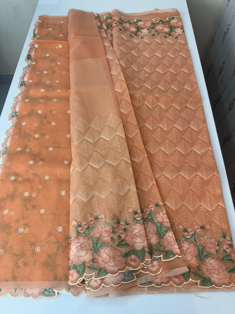 Phulkari NetKota embroidery saree - MPKS905 PeachyOrange