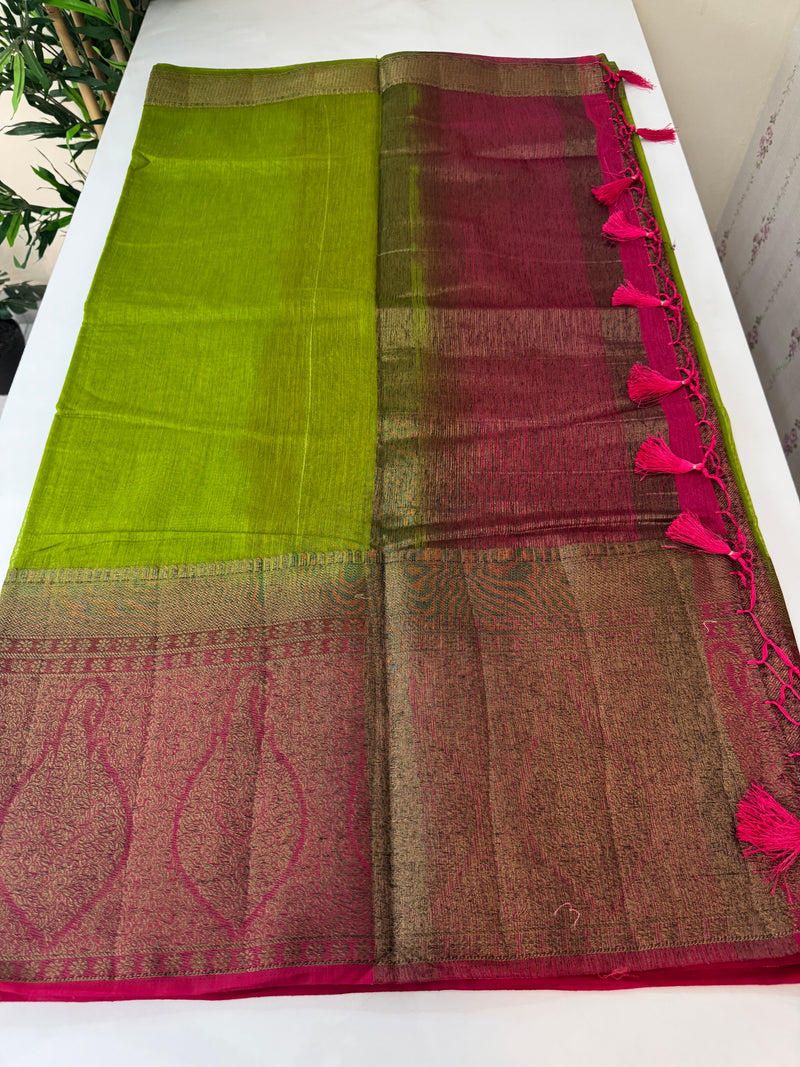 Jute silk sarees with contrast pallu & blouse MJL3412 ParrotGreen to Pink