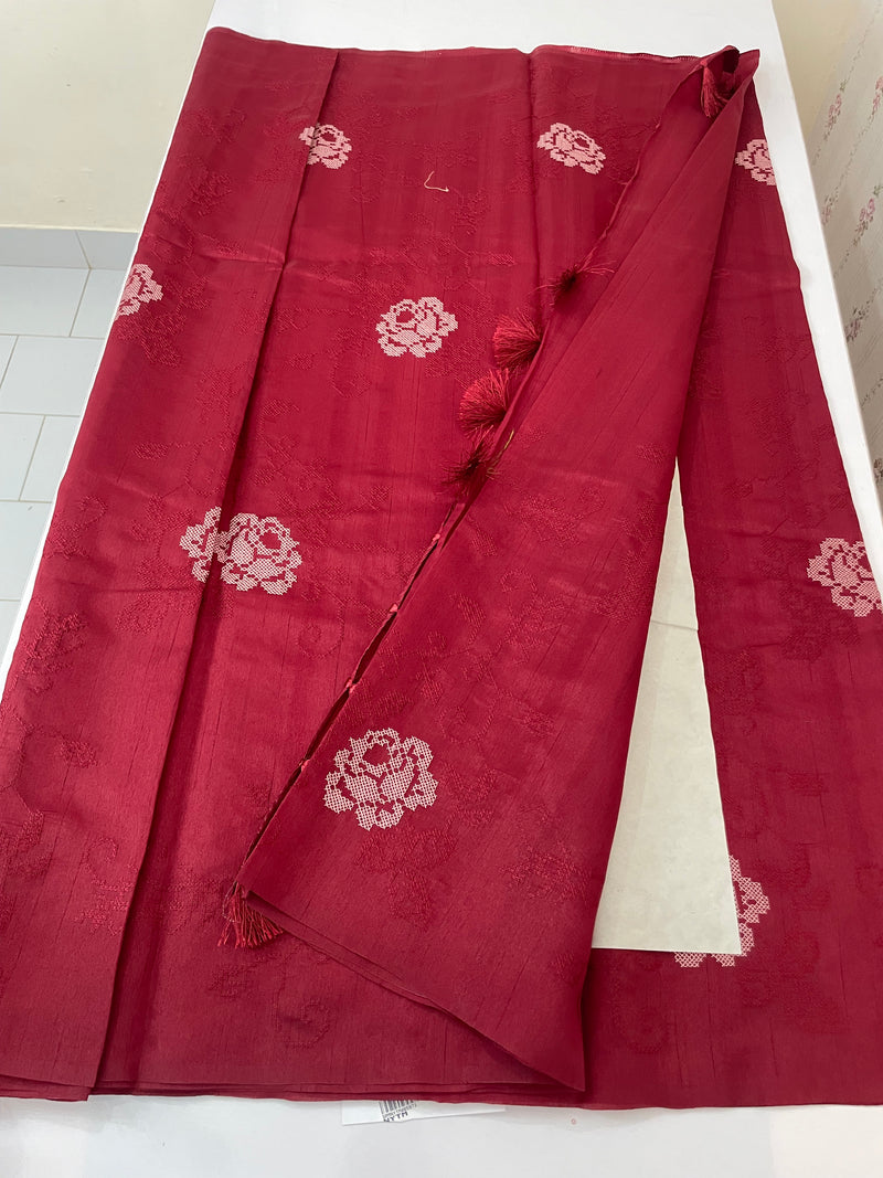 Blended Matka Tussar silk saree with cross stitch embroidery MS4899 MaroonRed