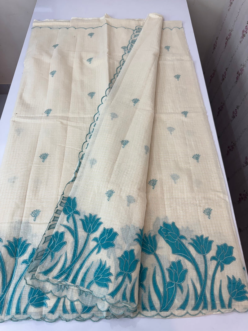 Jute Linen Applique work saree  -MSH128 Offwhite to Blue