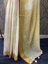 Linen saree with gold zari checks MLS9766- (red and orange borders)