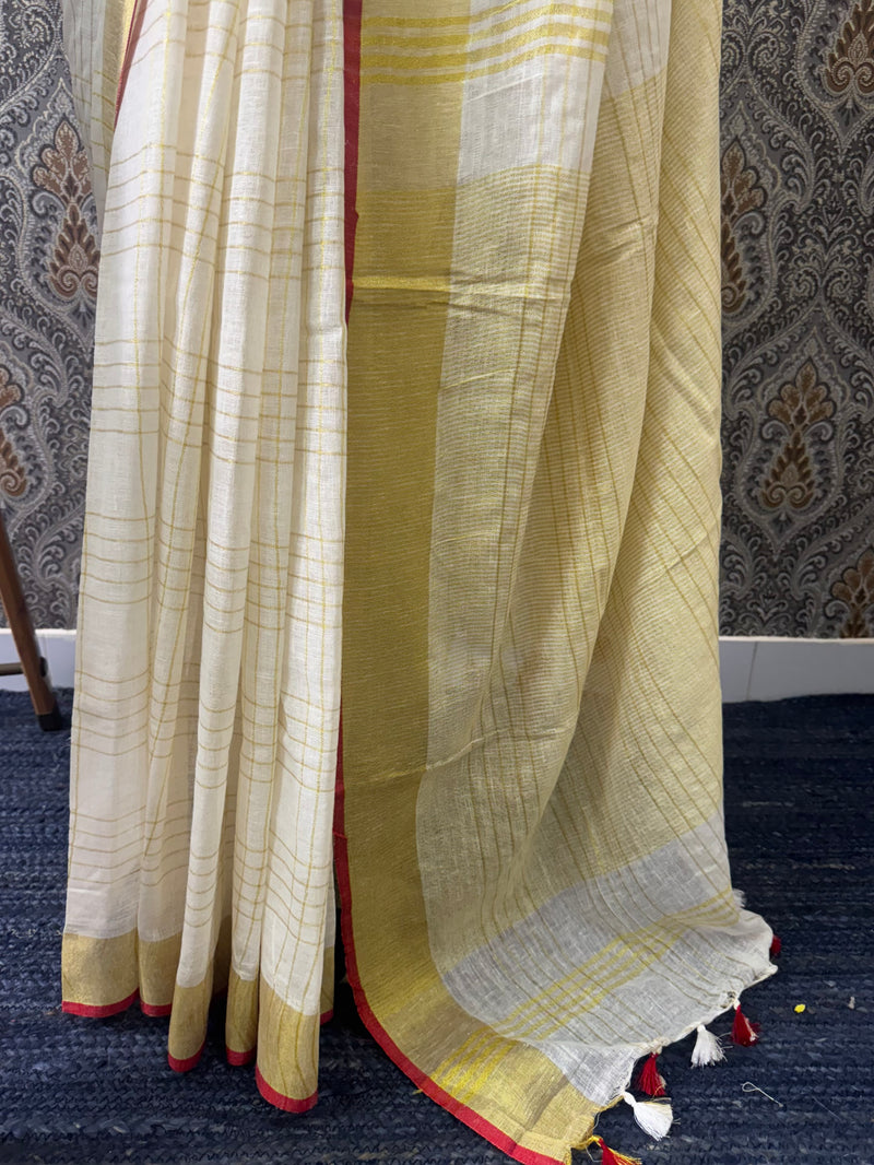 Linen saree with gold zari checks MLS9766- (red and orange borders)