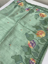 Crushed Blended tussar silk saree with embroidery- MTS355 - MintGreen