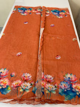 Digital printed semi Linen Saree MLS711- OrangePeach