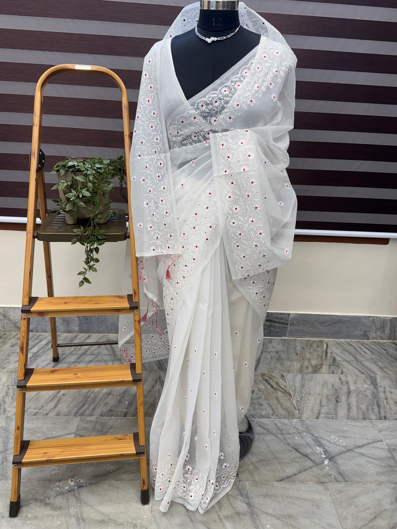 Kota silk embroidery saree MCKS561 White & Red