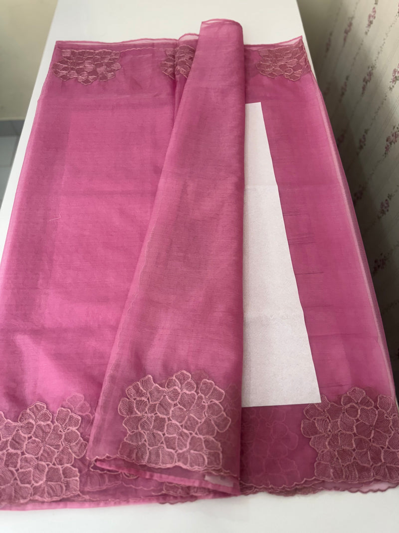 Semi organza saree with embroidery & scallop border - MSH901 Fuchsia Pink