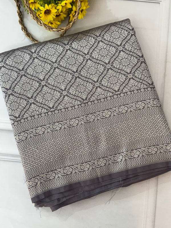 Banarasi semi katan saree in silver zari SHKNRIM- Ash