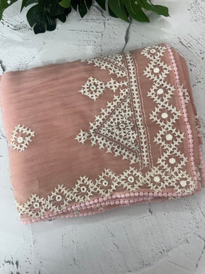 Tissue Organza saree with Kutch hand embroidery and mirror work- MS14799 PastelPeach