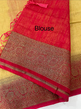 Jute silk sarees with contrast pallu & blouse MJL396 - Chiku to Red
