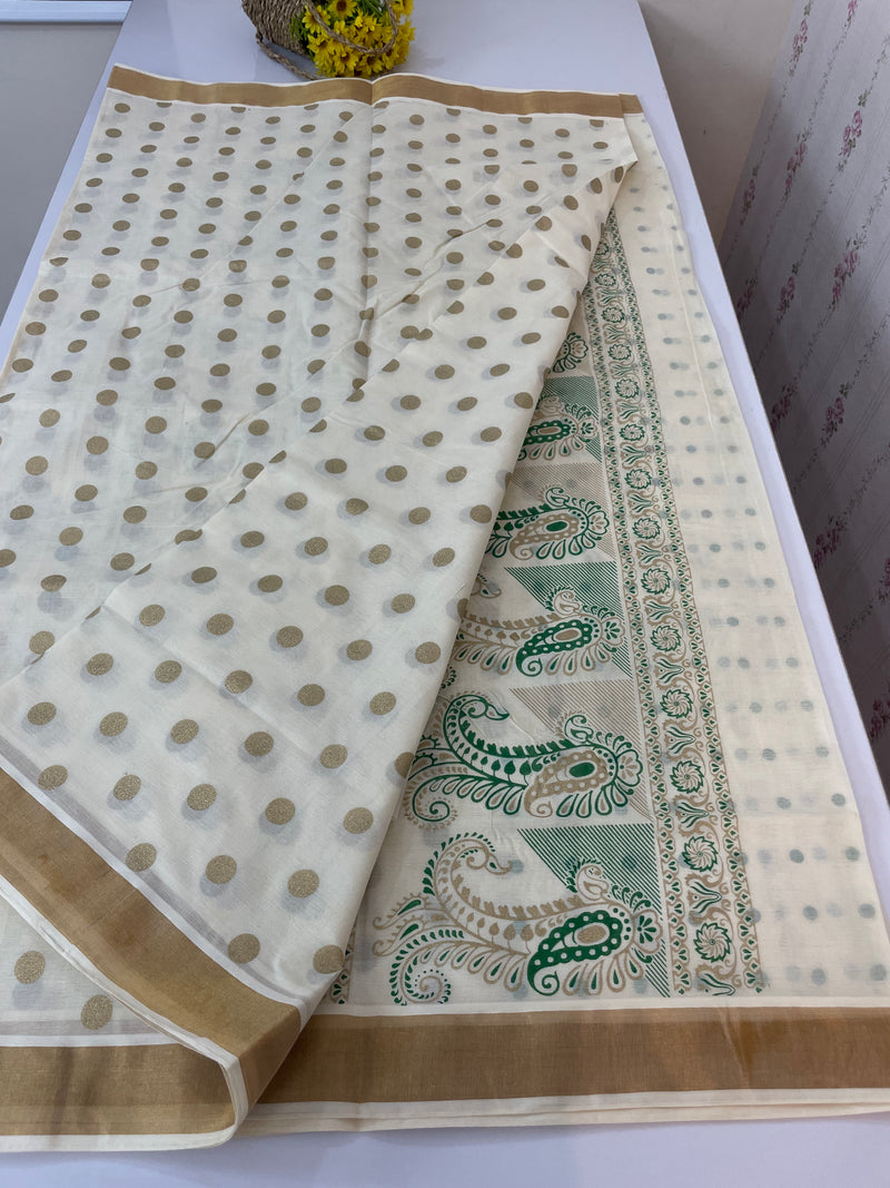 Kerala cotton saree - Polka dots