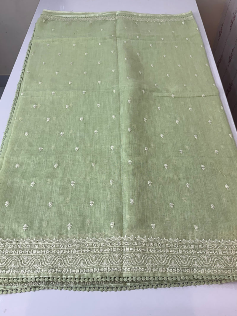 Semi linen saree with chikanakari embroidery- MS15086 PastelGreen