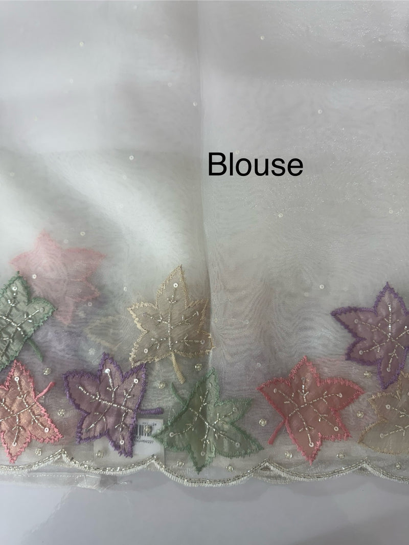 Handworked glass organza saree with applique work- MSHW227 - White