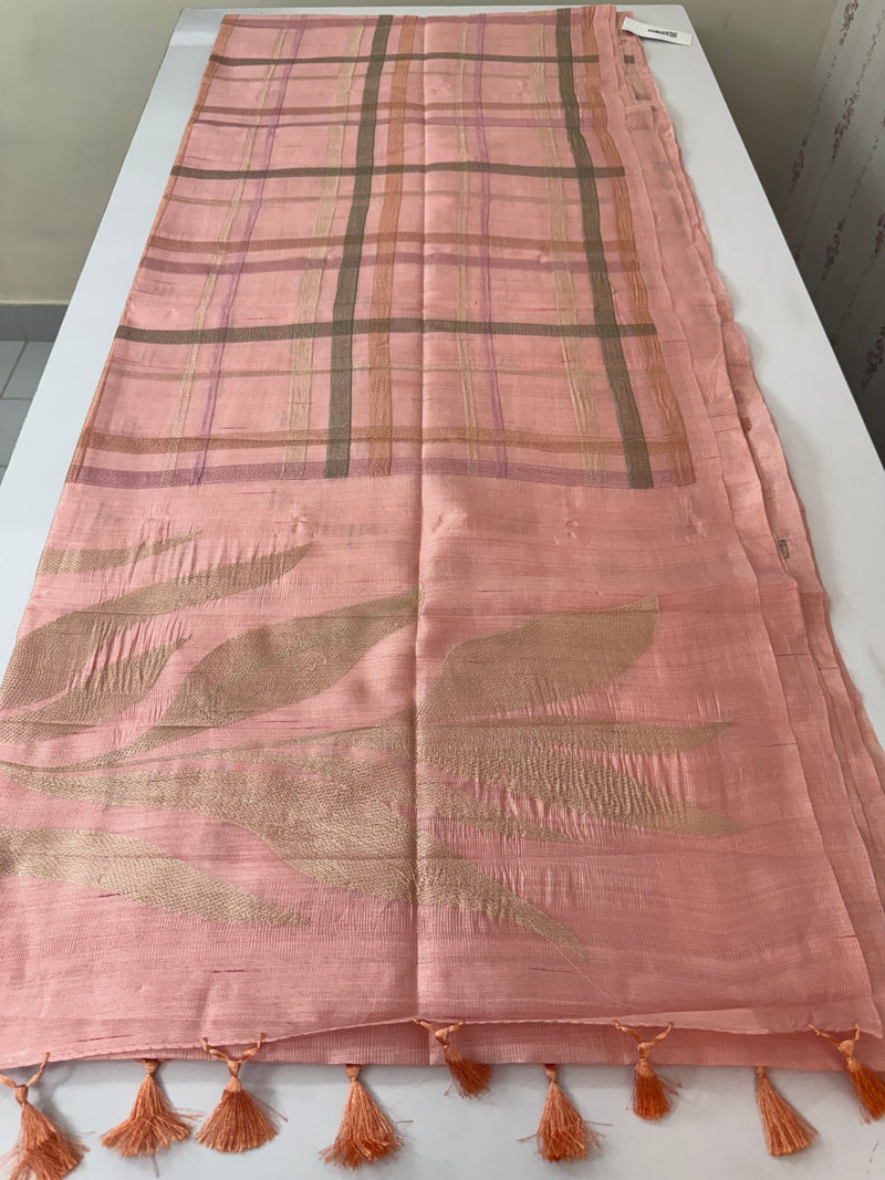 Crushed Blended tussar silk saree with embroidery- MS1299- Pastel PeachPink