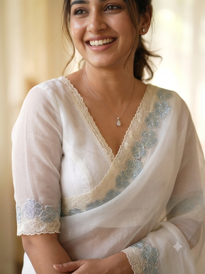 Soft organza saree with turkish applique borders- MCW735 White