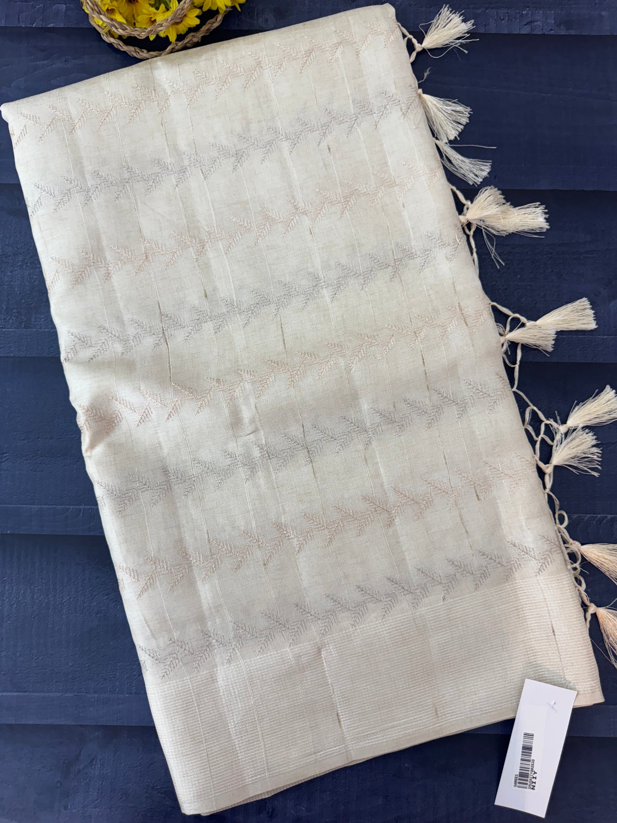 Blended tussar saree with embriodery - MS8665 Pearl Cream