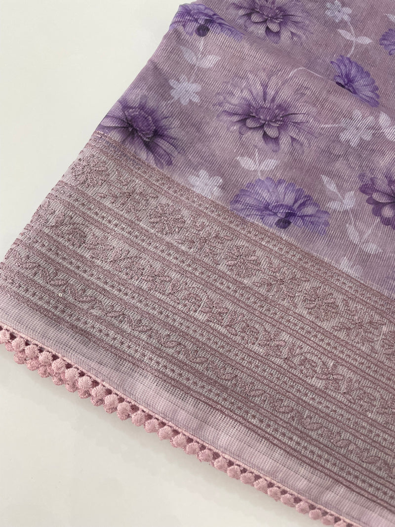 Supernet saree with digital prints and chikankari border SKFNSEM
