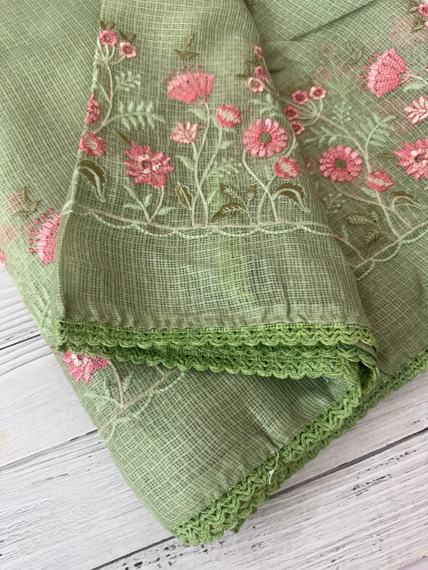 Soft kota checks saree with embroidery - SVPSNM LightGreen