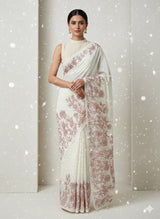 Mul chanderi tissue applique work saree  MSH132 - Offwhite & Red