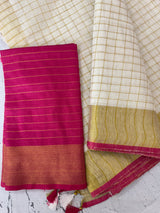 Linen cotton saree with gold zari checks MLS9766- Offwhite and RaniPink