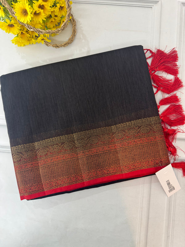 Jute silk sarees with contrast pallu & blouse MJL393 Black to Red