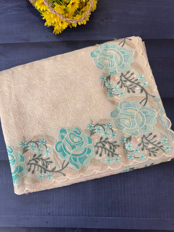 Phulkari NetKota embroidery saree - MSH107 Offwhite to Blue