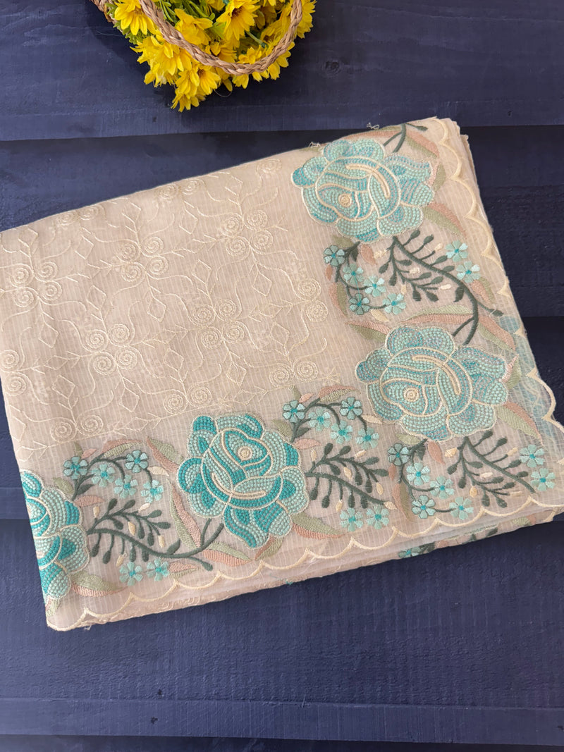 Phulkari NetKota embroidery saree - MSH107 Offwhite to Blue