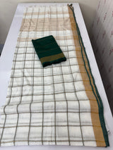 Linen big checks saree with zari border MLS9767- BottleGreen