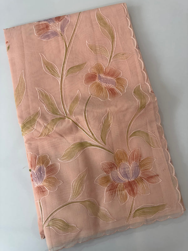 Supernet saree with embroidery and handpainting MSH104- PastelPeach