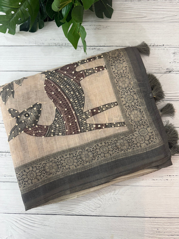 Blended linen saree with knotted embroidery and digital prints MLS4545