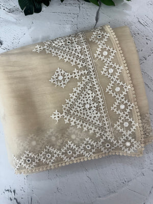 Tissue Organza saree with Kutch hand embroidery and mirror work - MS14799 Beige