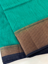 Jute silk sarees with contrast pallu & blouse MJL324 Teal to darkblue
