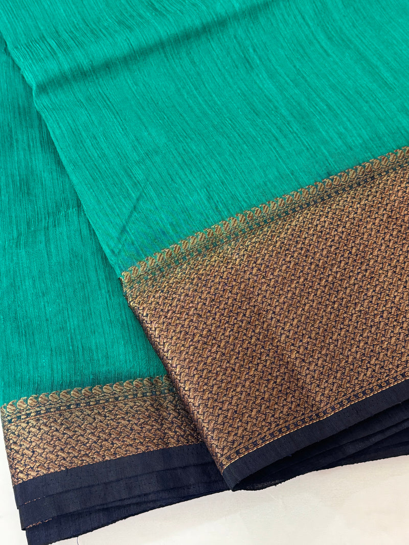 Jute silk sarees with contrast pallu & blouse MJL324 Teal to darkblue