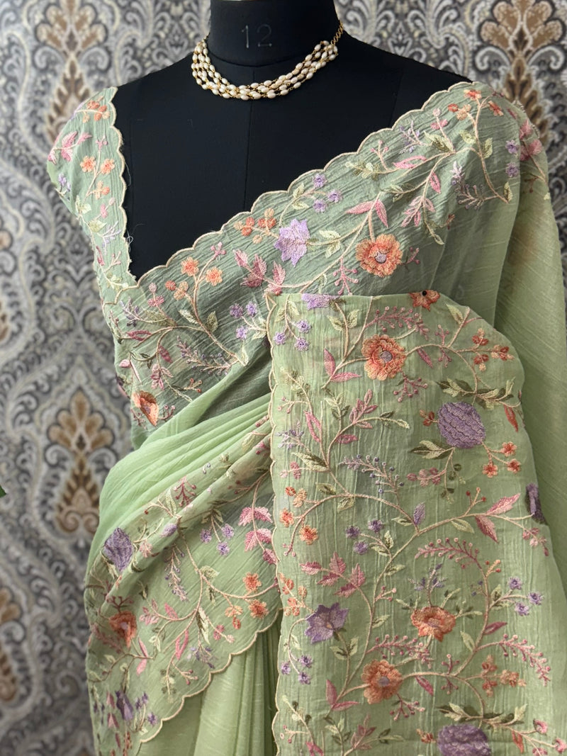 Crepe Crush chiffon organza saree with embriodery MS9702 - PistaGreen