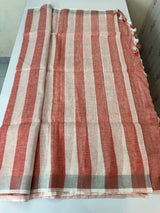 Linen cotton saree with stripes MLS67 - Peach and White