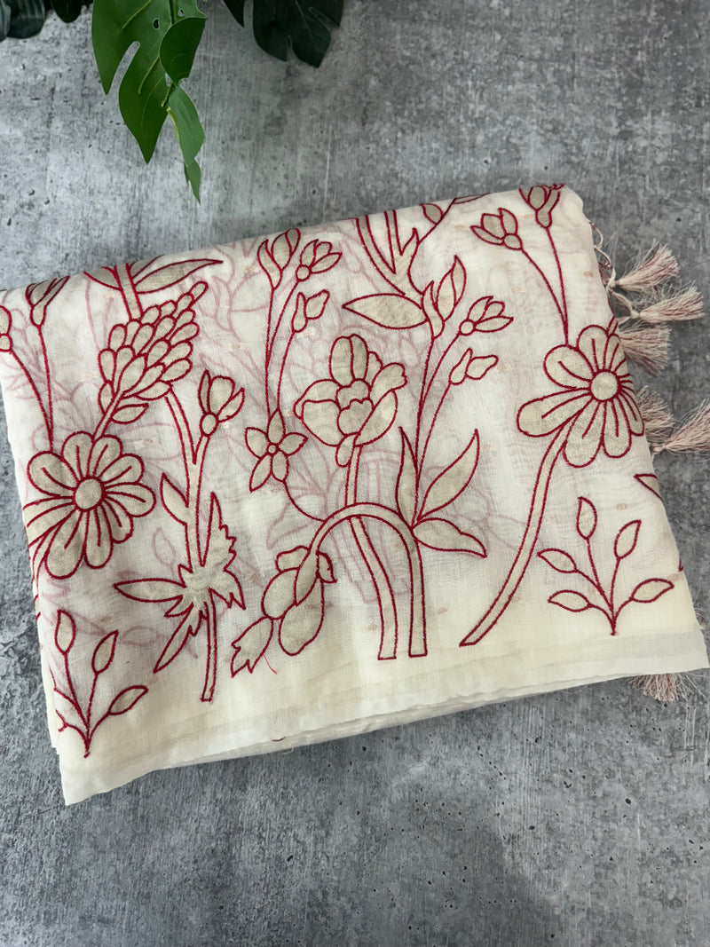 Mul chanderi applique work saree  MSH132 - Offwhite & Red