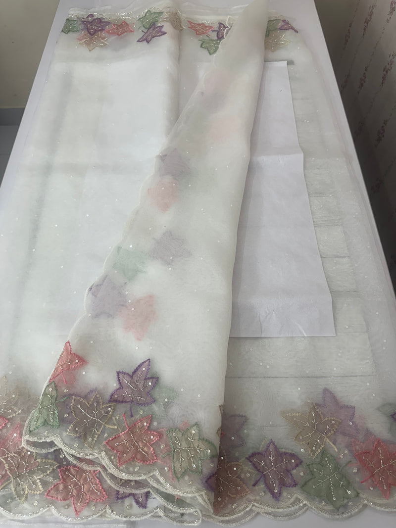 Handworked glass organza saree with applique work- MSHW227 - White